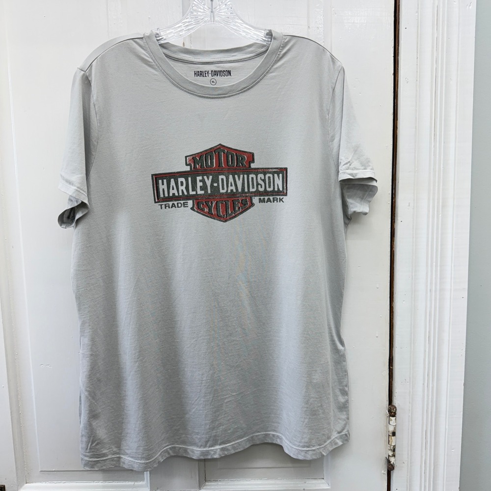 Harley Davidson Motorcycles Womens XL Short Sleeve T Shirt Grey Bar Shield Logo